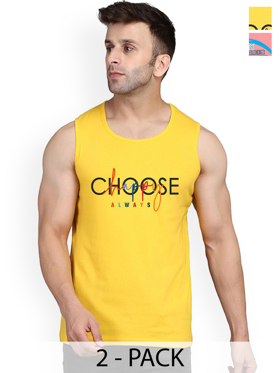 SLOWLORIS Pack Of 2 Printed Gym Vests SL26 COMBO (LOUD PEACH) (CHS YELLOW)