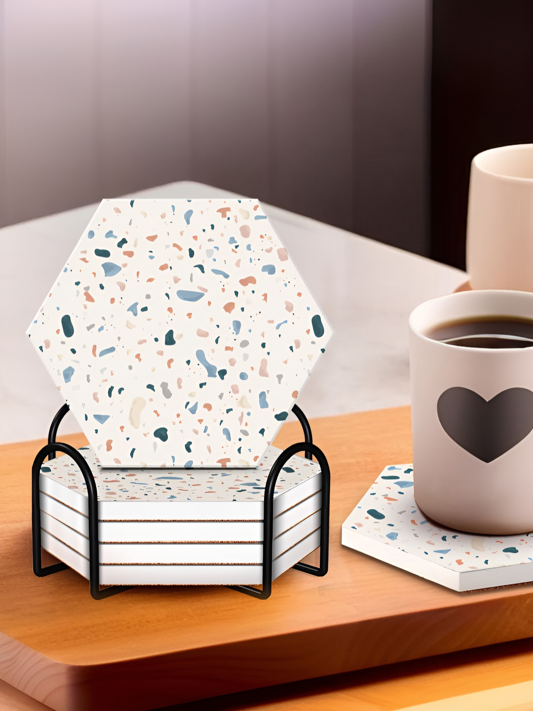 The Better Home 6-Pcs Beige & Blue Printed Hexagon Coasters With Holder