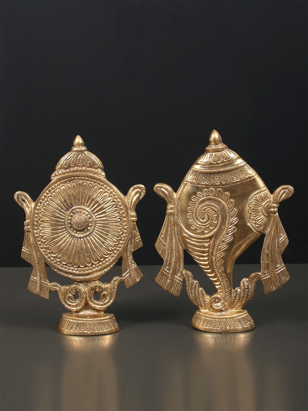 Exotic India Vaishnava Symbols: Shankha Chakra Bronze Matte Spiritual Wall Decor-9.8In