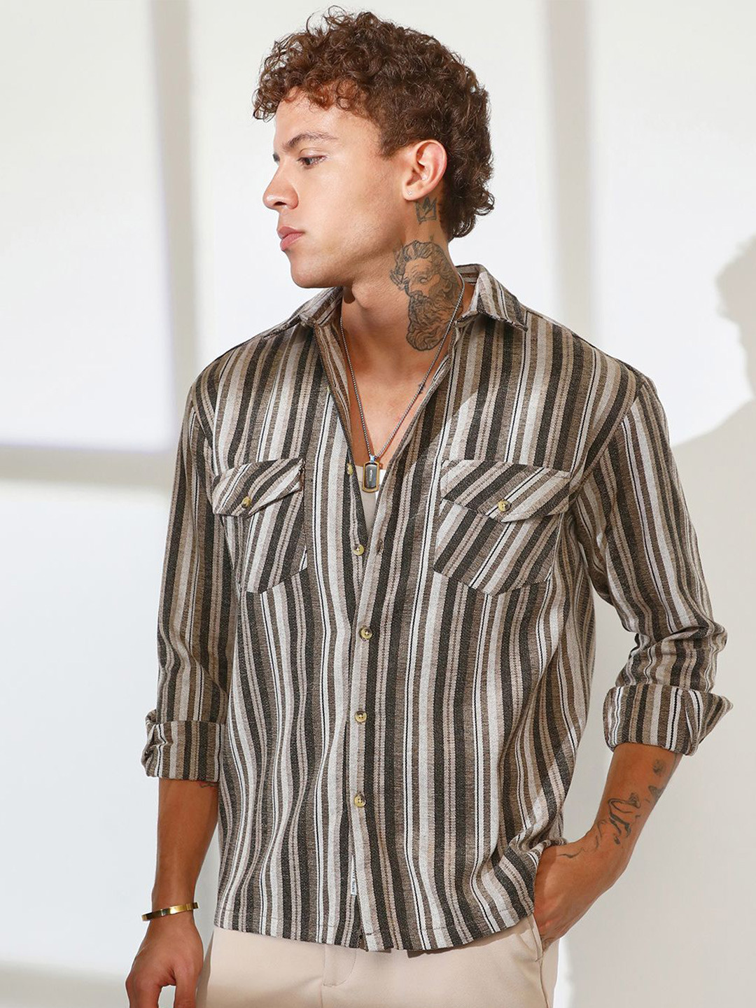 CAHOOT Men Comfort Spread Collar Striped Polycotton Oversized Casual Shirt
