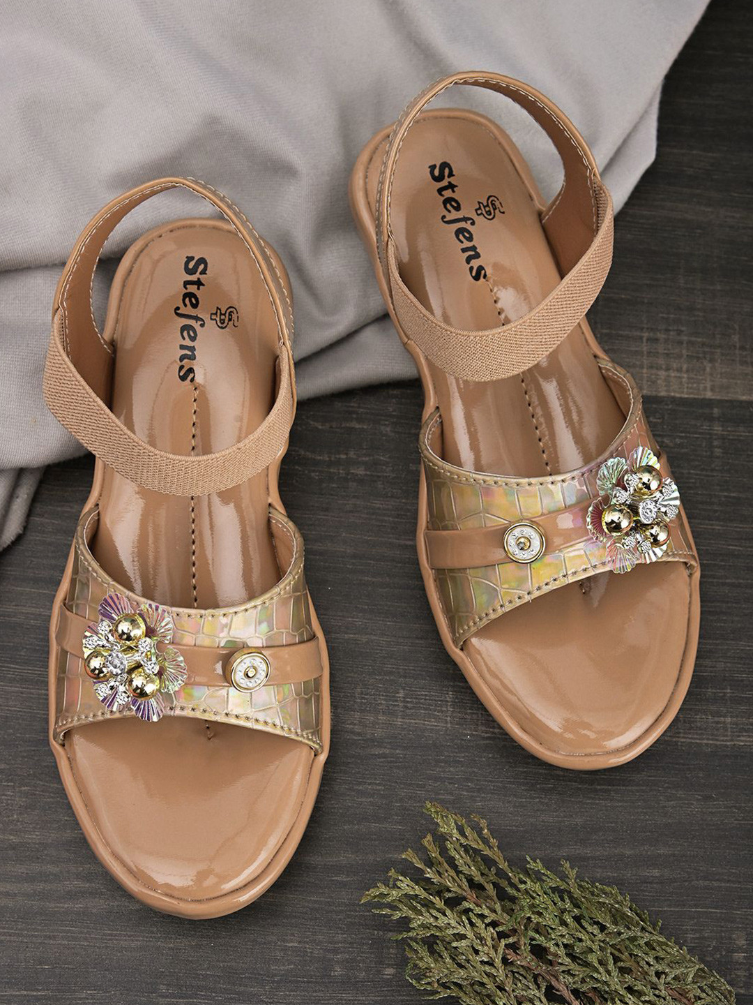 STEFENS Girls Embellished Open Toe Flats