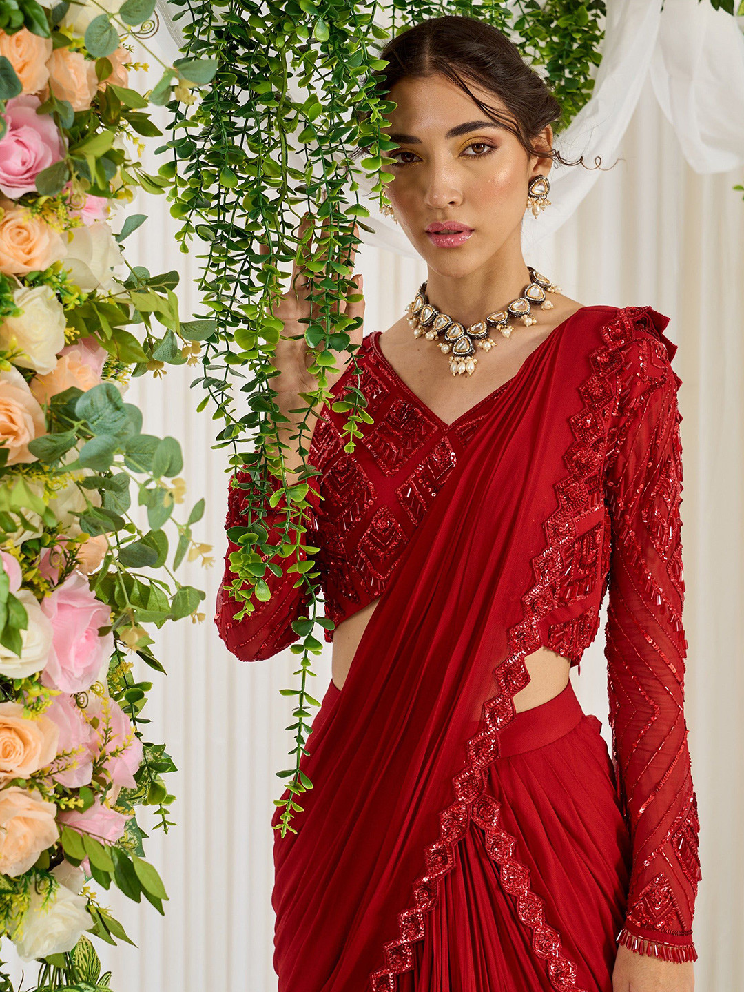 NIDHIKA SHEKHAR Sequinned Pure Georgette Chanderi Saree