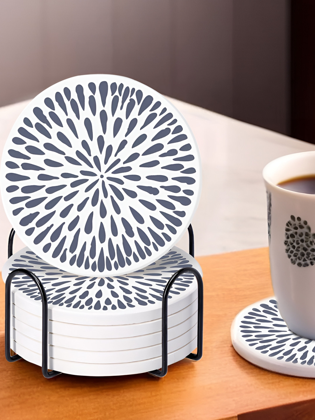 UMAI 6-Pcs Black & White Round Diatomite Coasters