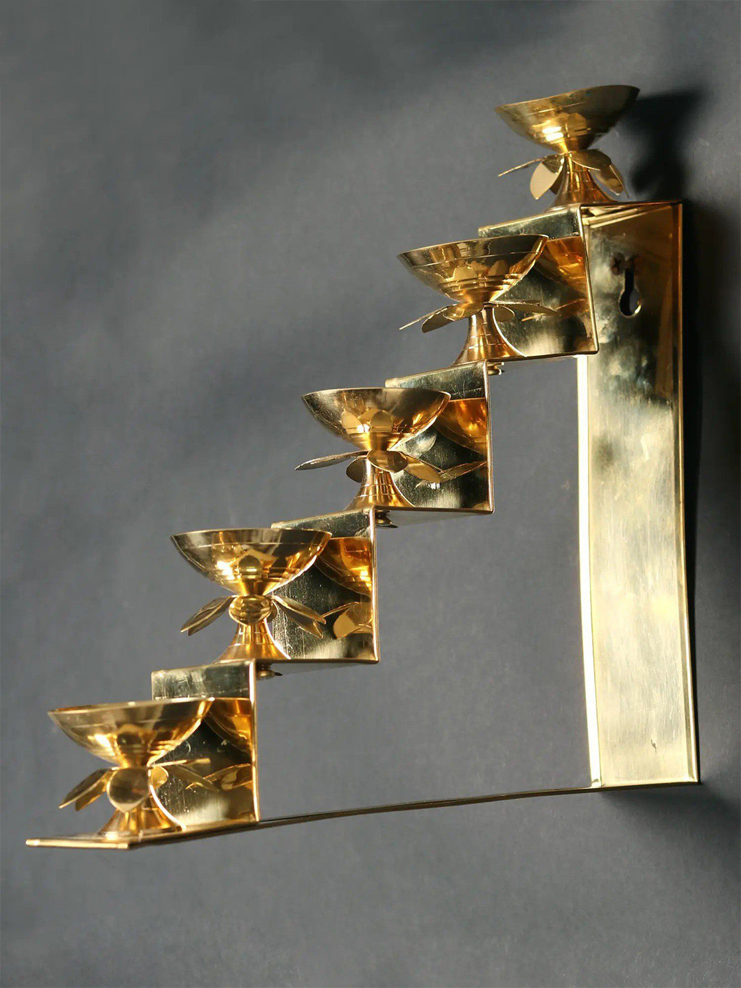 Exotic India Five Lamps on Steps Brass Antique Pooja Room Spiritual Wall Decor-9.8In