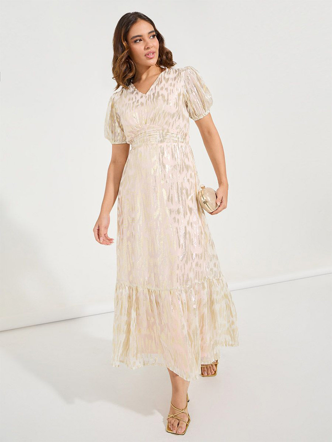 Styli Peach-Coloured Women V-Neck Puff Sleeves Fit and Flare Maxi Dress