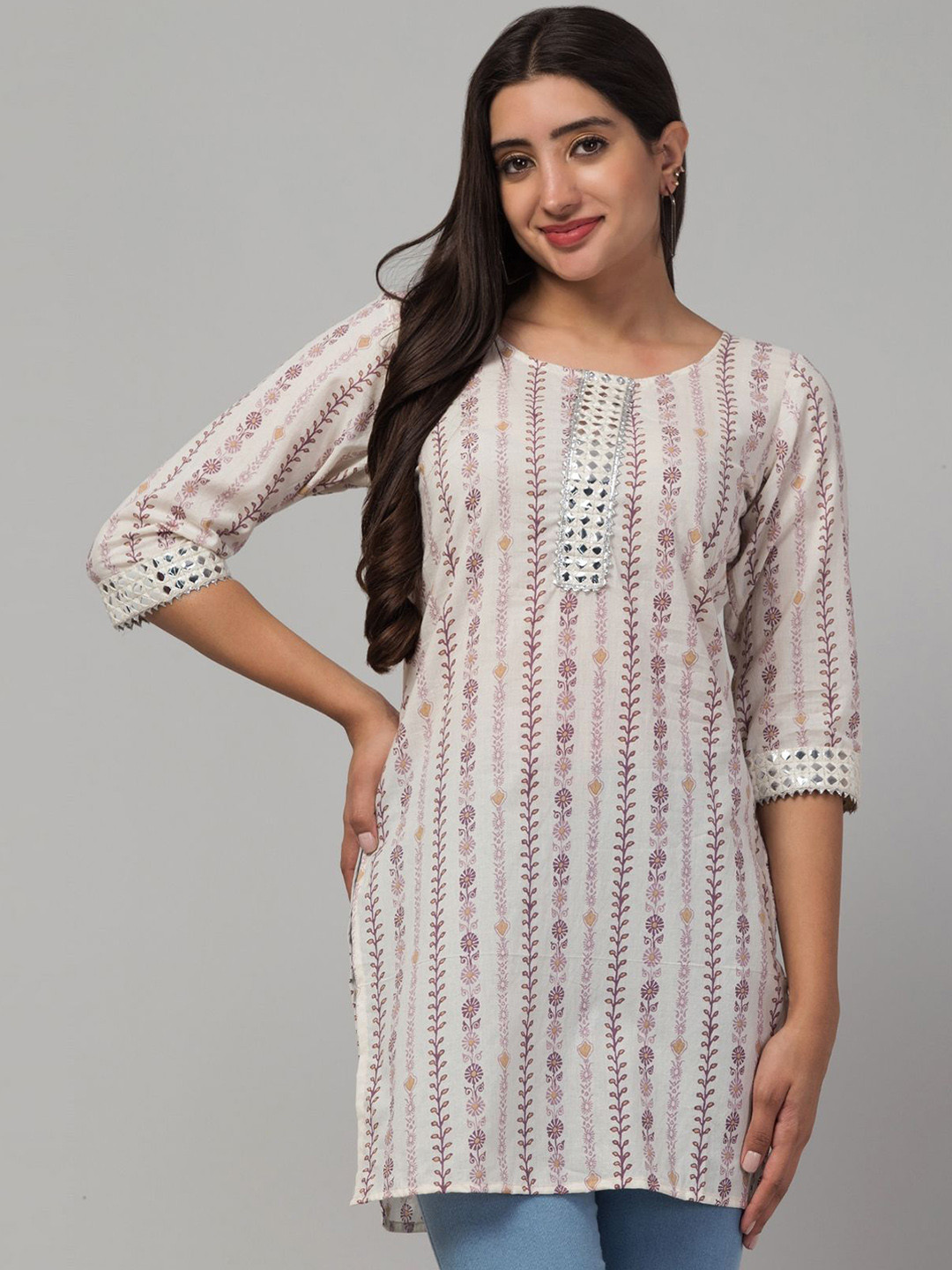 BESTIC FASHION Women Geometric Dyed Flared Sleeves Mirror Work Floral Organic Cotton Kurta