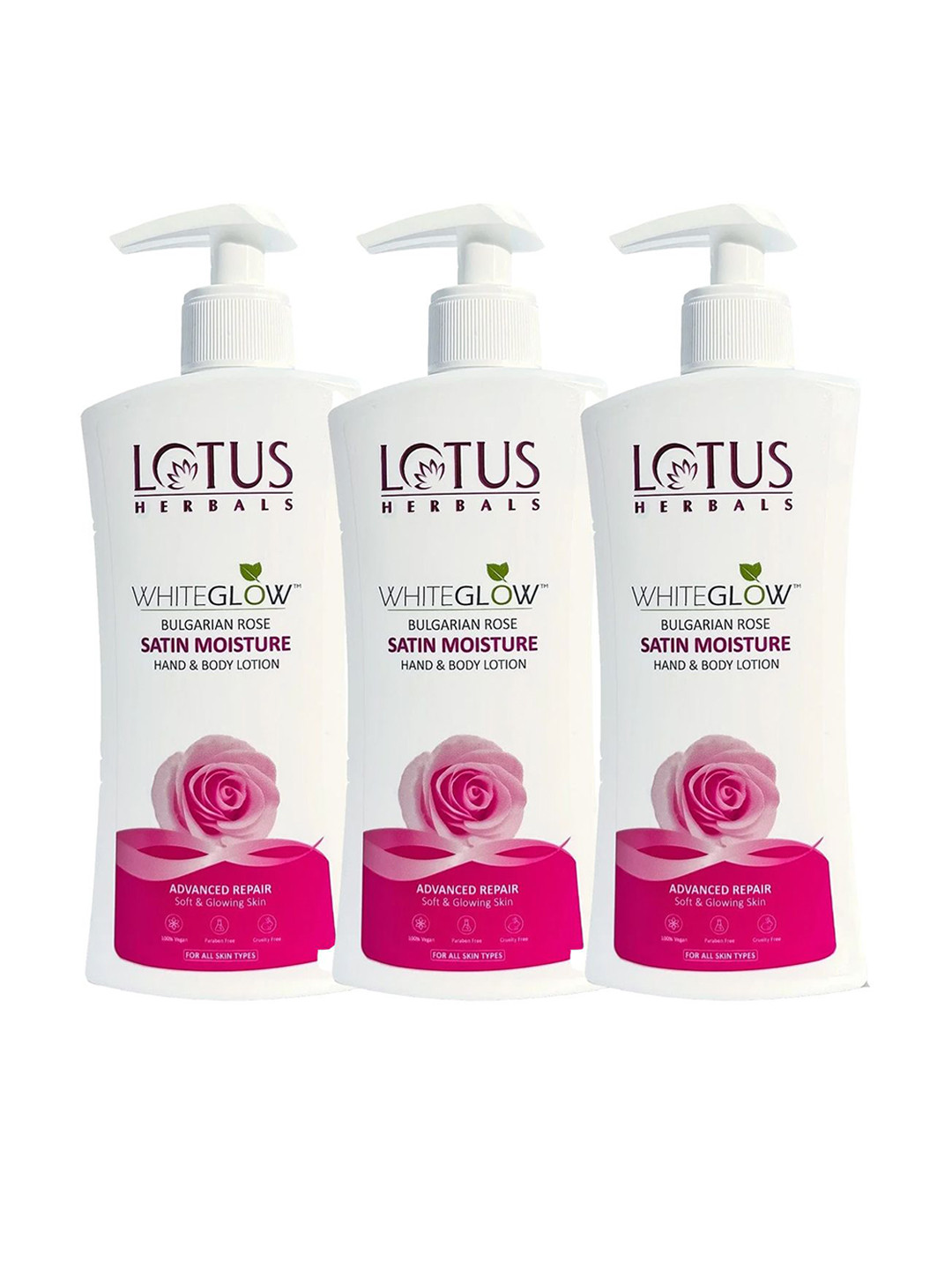 Lotus Herbals Set Of 3 Bulgarian Rose Satin Moisture Hand & Body Lotion 270 ml Each