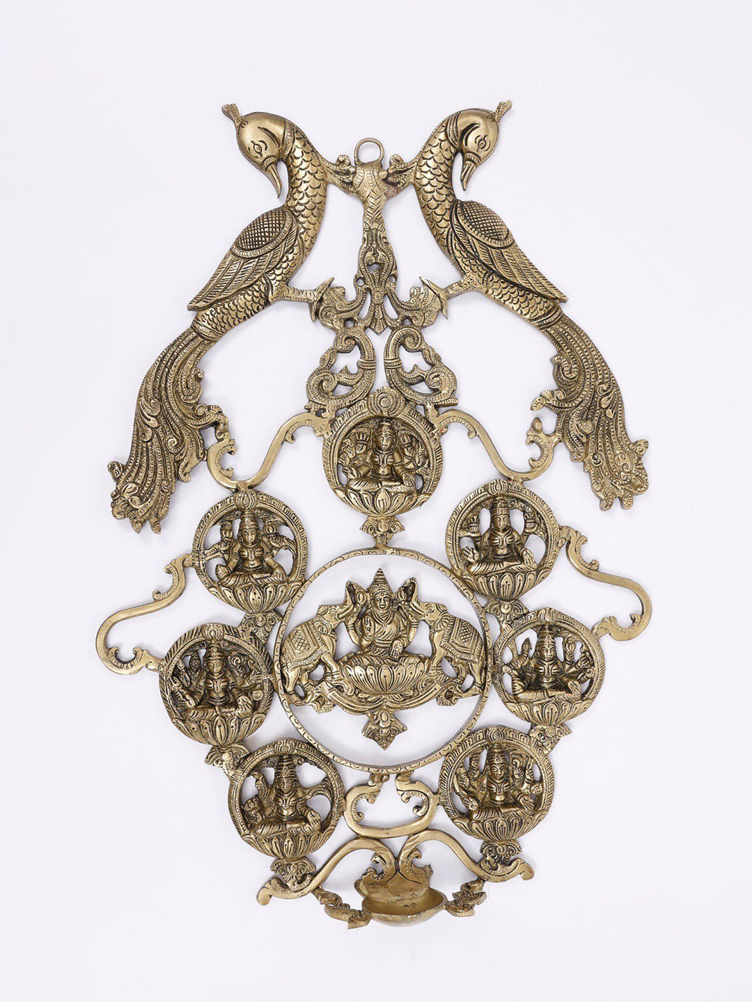 Exotic India Ashtalakshmi Wall Hanging with Peacocks Brass Spiritual Wall Decor-18.5In