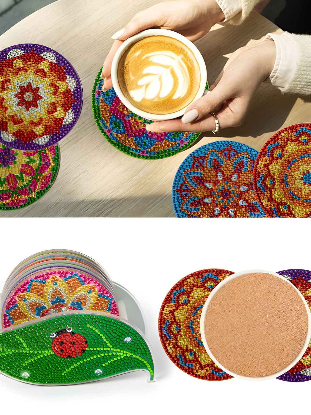 UMAI 6 Pcs Yellow & Red Round Printed Coasters