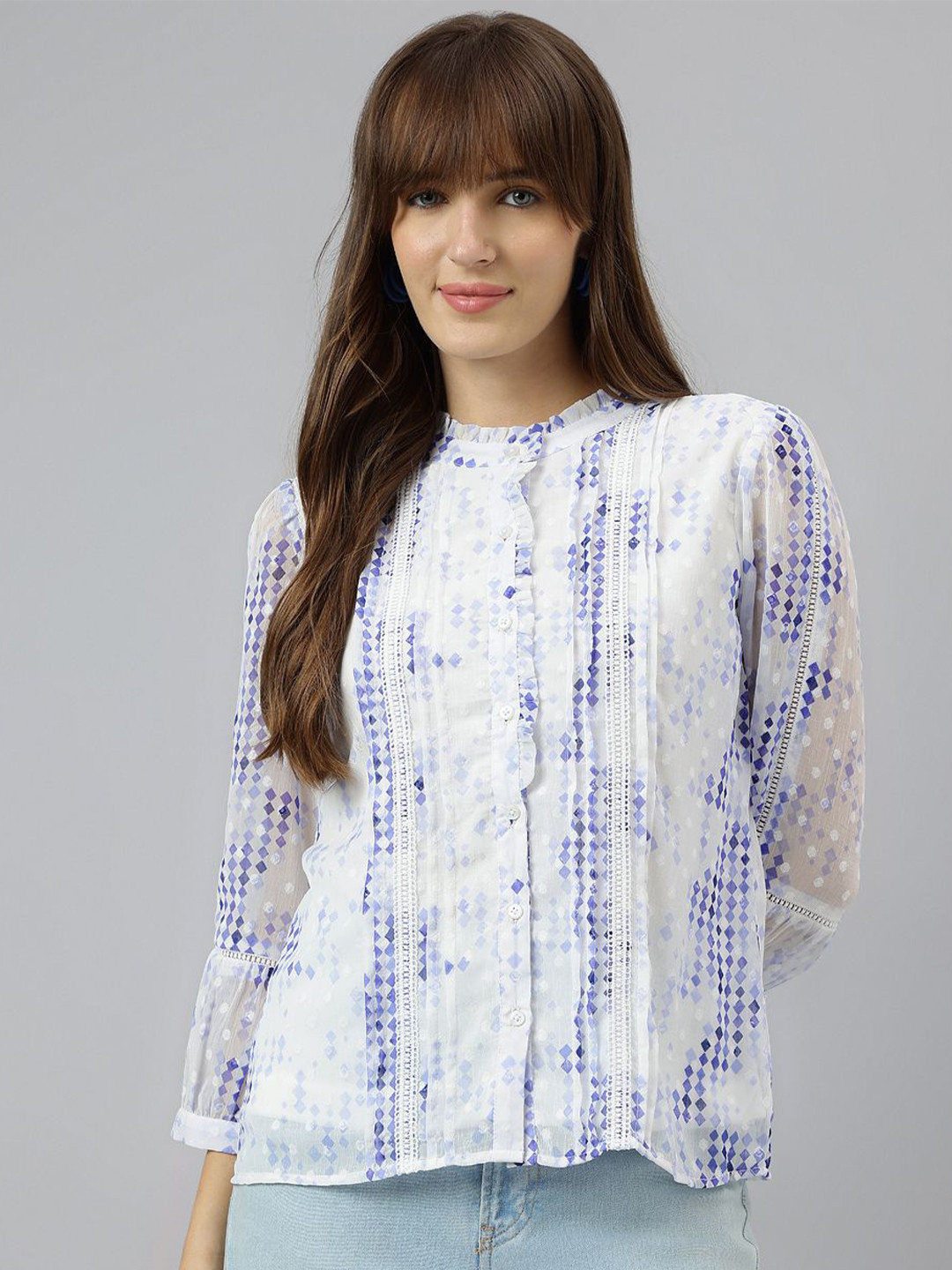 Latin Quarters Women Mandarin Collar Abstract Printed Casual Shirt