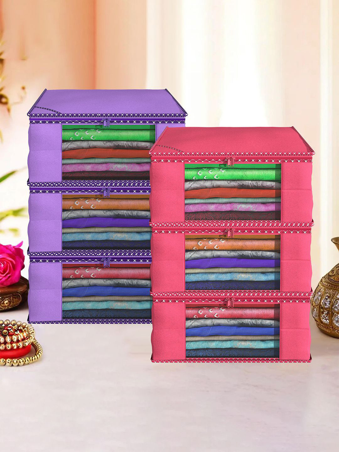 Kuber Industries Purple & Pink 6 Pieces Printed Foldable Multi Utility Organisers