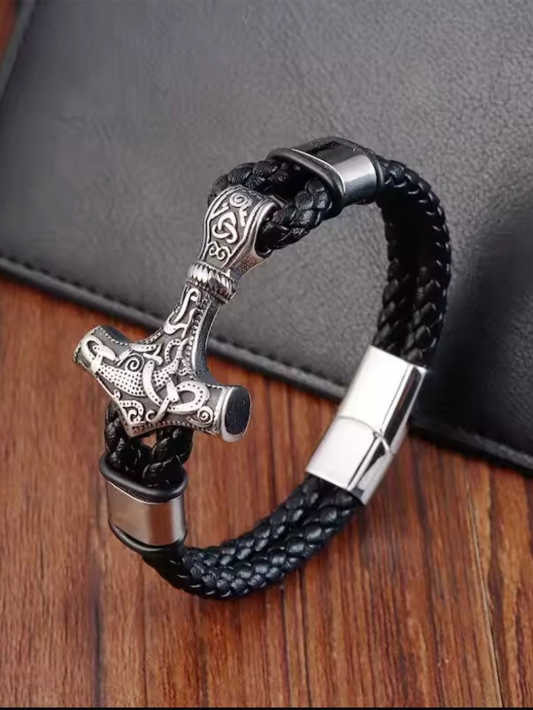Fashion Frill Men Leather Silver-Plated Anchor Design Leather Wraparound Bracelet