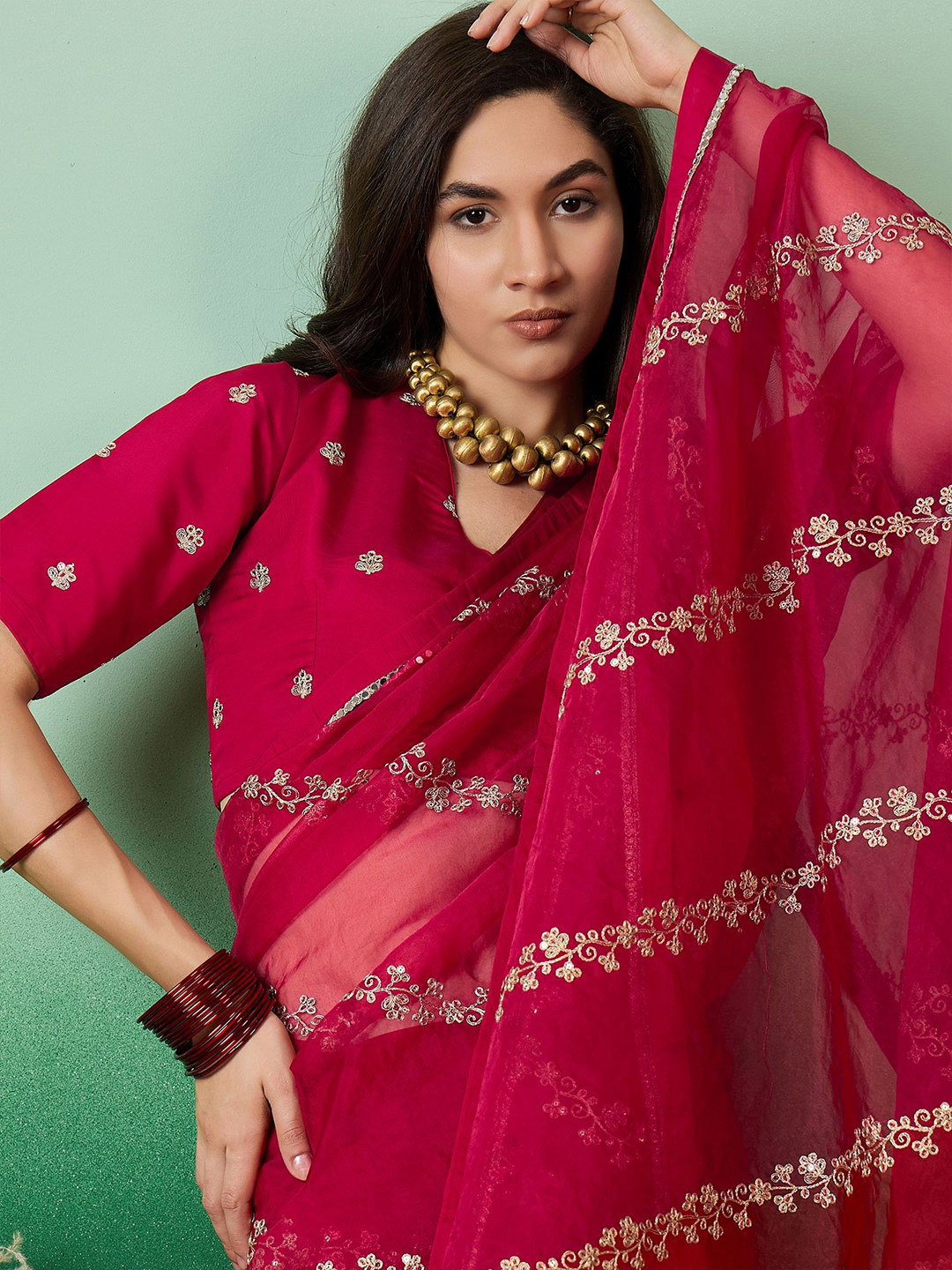 Sangria Embroidered Floral Organza Saree