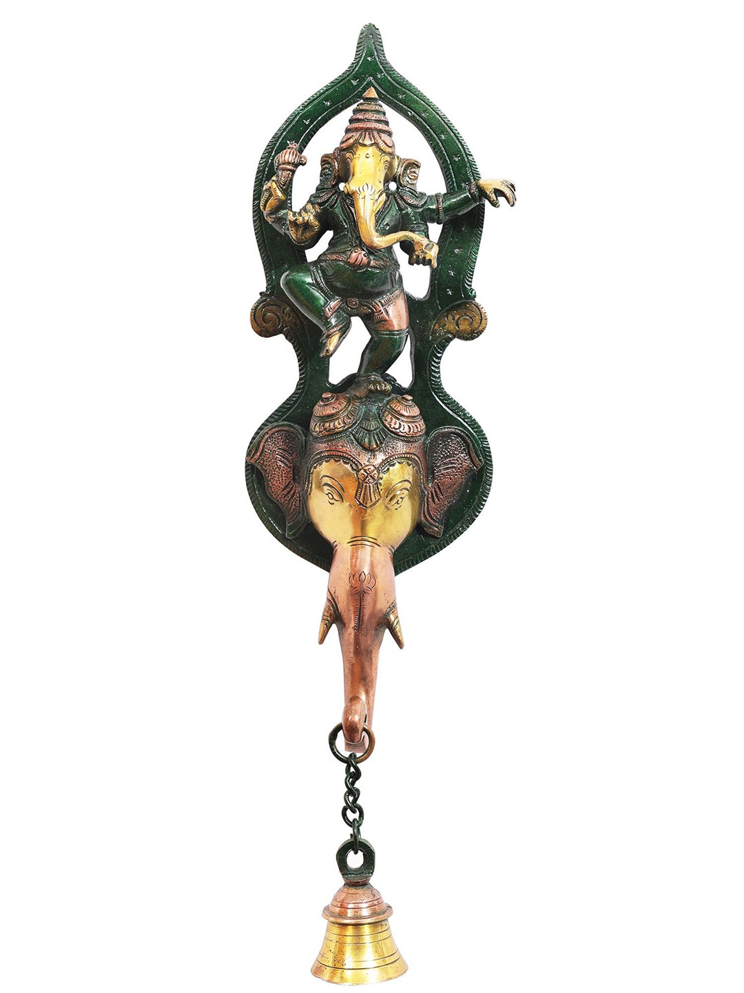 Exotic India Dancing Ganesha Wall Hanging Bell Brass Antique Spiritual Wall Decor-14.5In