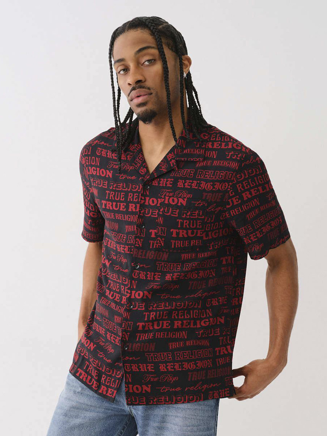 True Religion Men Cuban Collar Typography Printed Casual Shirt