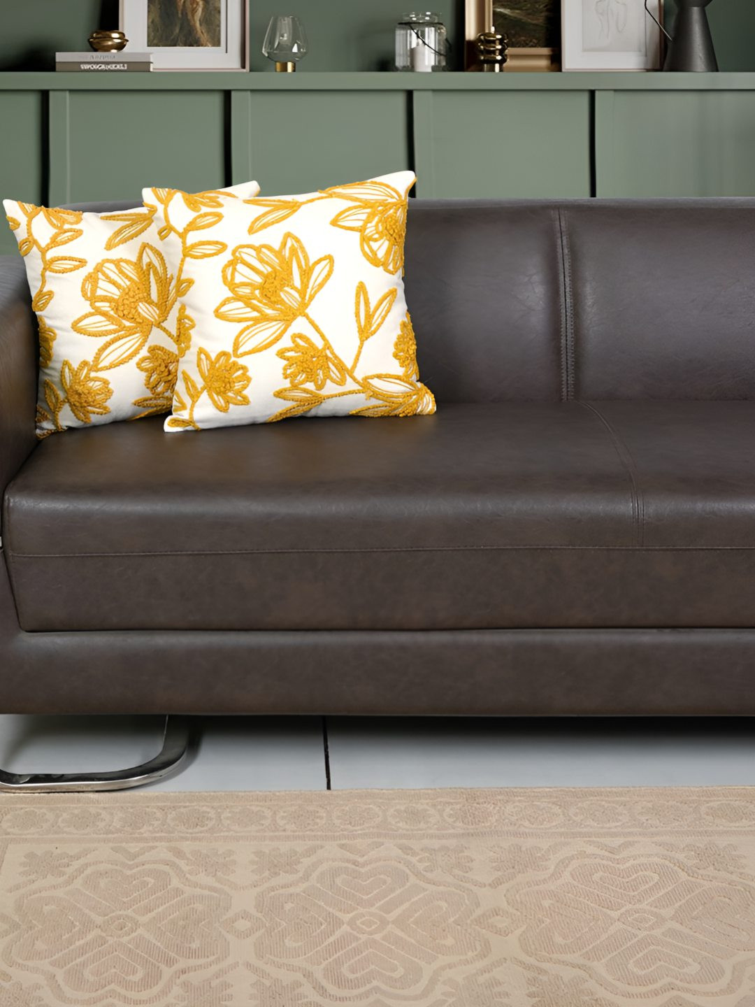 Ode & Cleo Light-Weight Mustard Cotton 2 Piece Embroidered Square Cushion Covers -16x16In