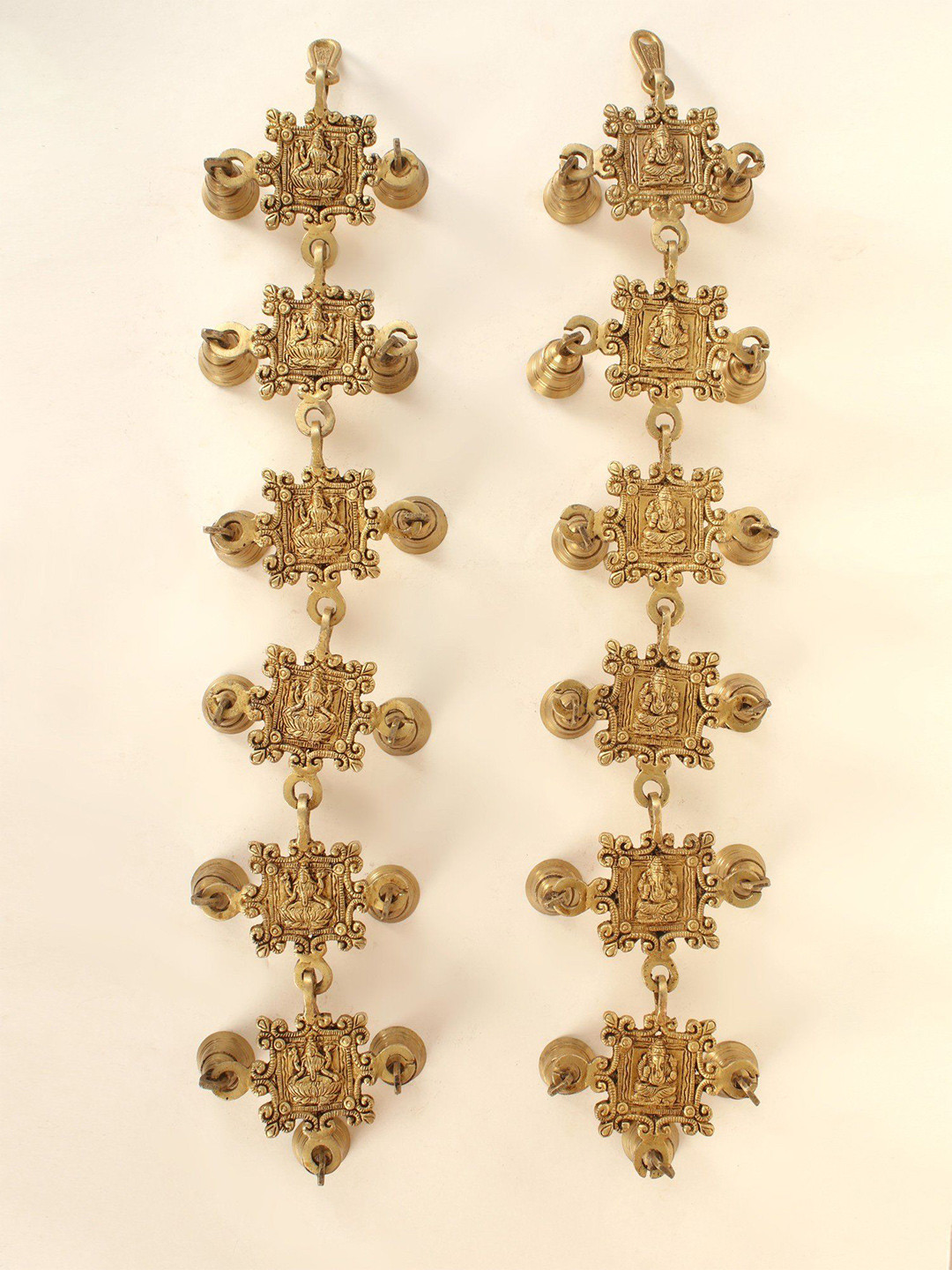 Exotic India Ganesha Lakshmi Wall Hanging Bells Brass 2Pcs Spiritual Wall Decor-26In