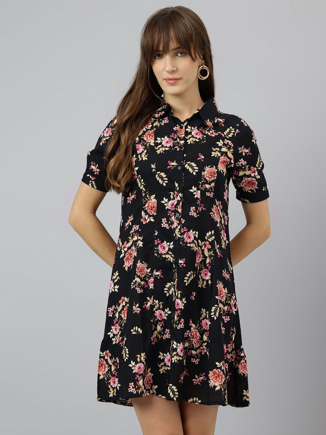 Latin Quarters Puff Sleeve Floral Mini Shirt Dress
