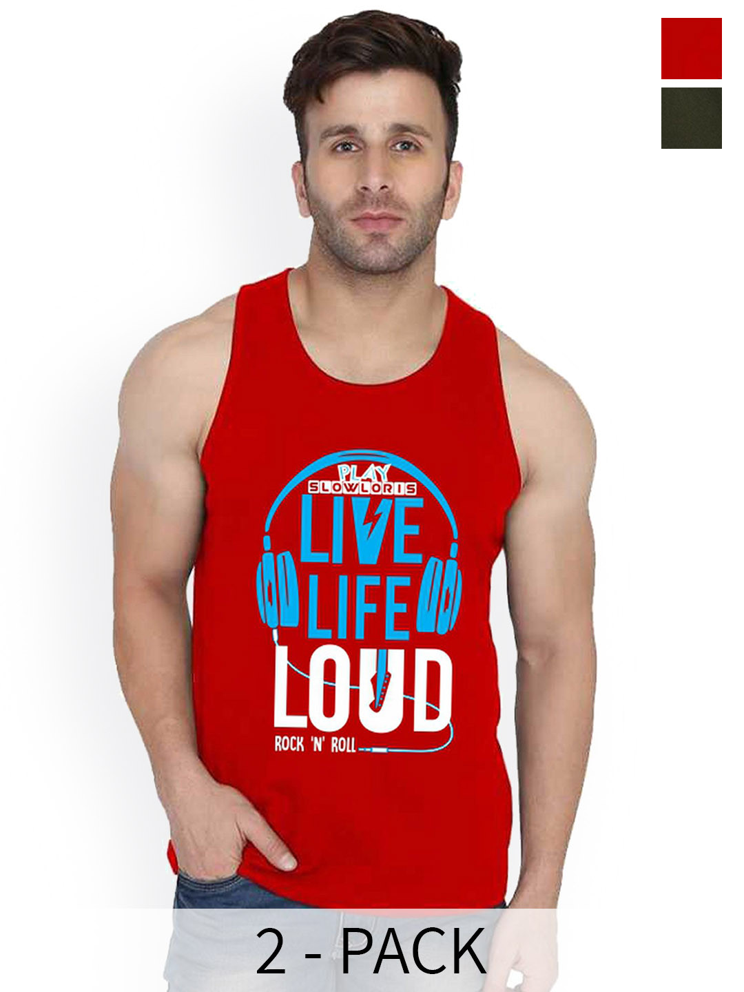 SLOWLORIS 2Pcs Sleeveless Innerwear Gym Vests SL26 COMBO (LOUD RED) (CHS OLIVE)