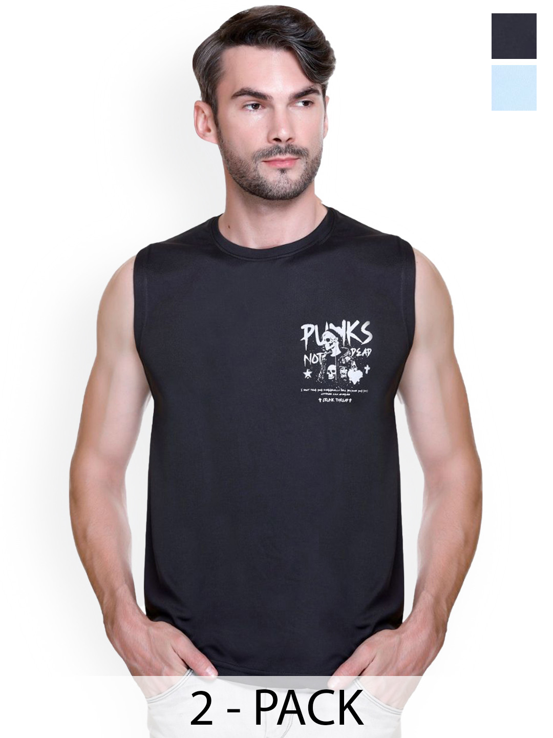Looks United Pack Of 2 Printed Gym Vests 2VST-BK-LU1002-SKY-LU1003