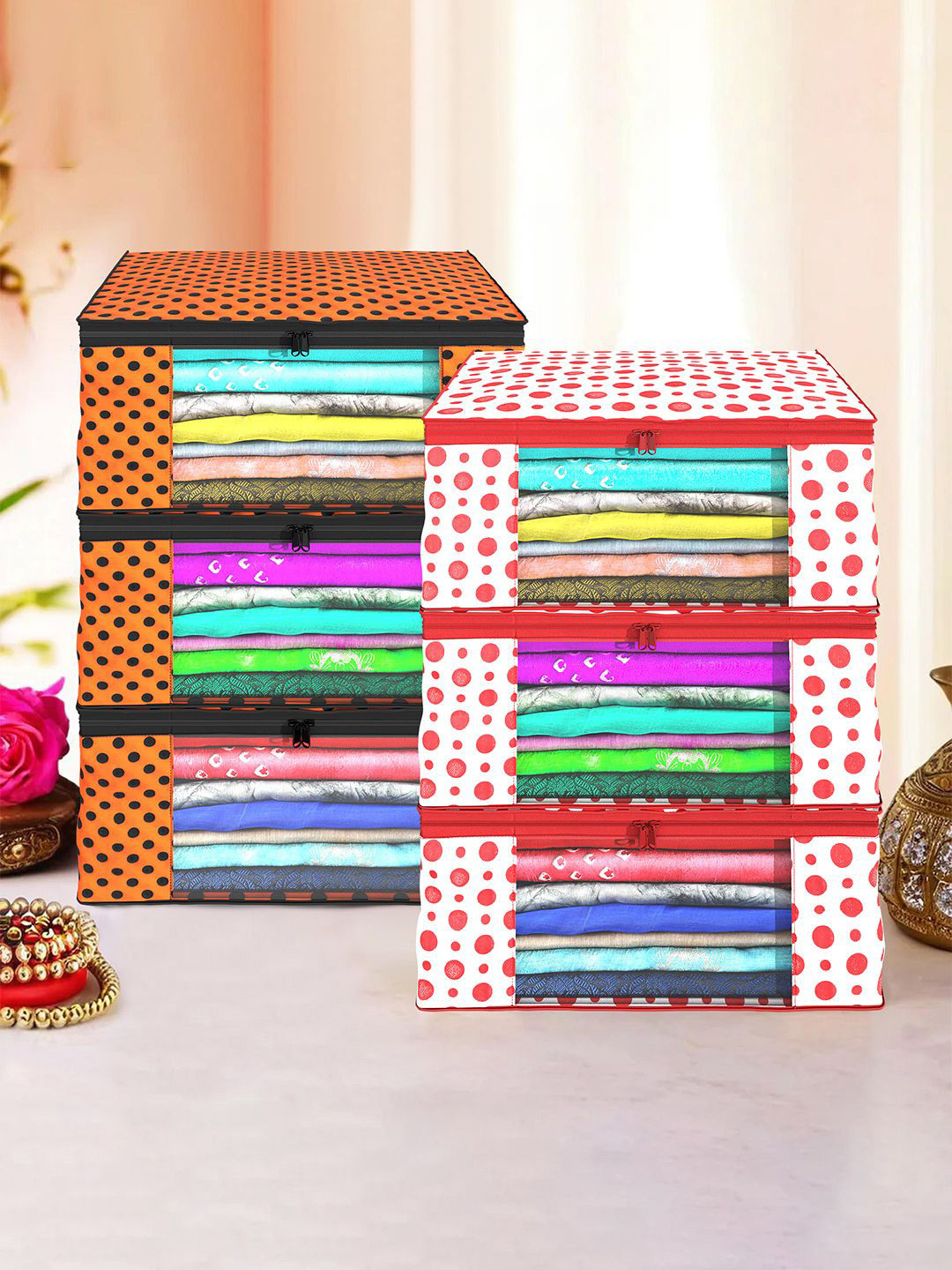 Kuber Industries Red & Orange 6 Pieces Printed Foldable Multi Utility Organisers