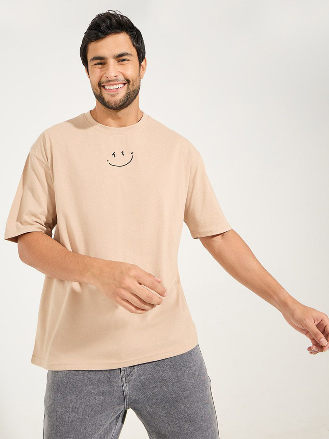 Styli Beige-Coloured Emoji Graphic Printed Drop-Shoulder Sleeves Oversized Cotton T-Shirt