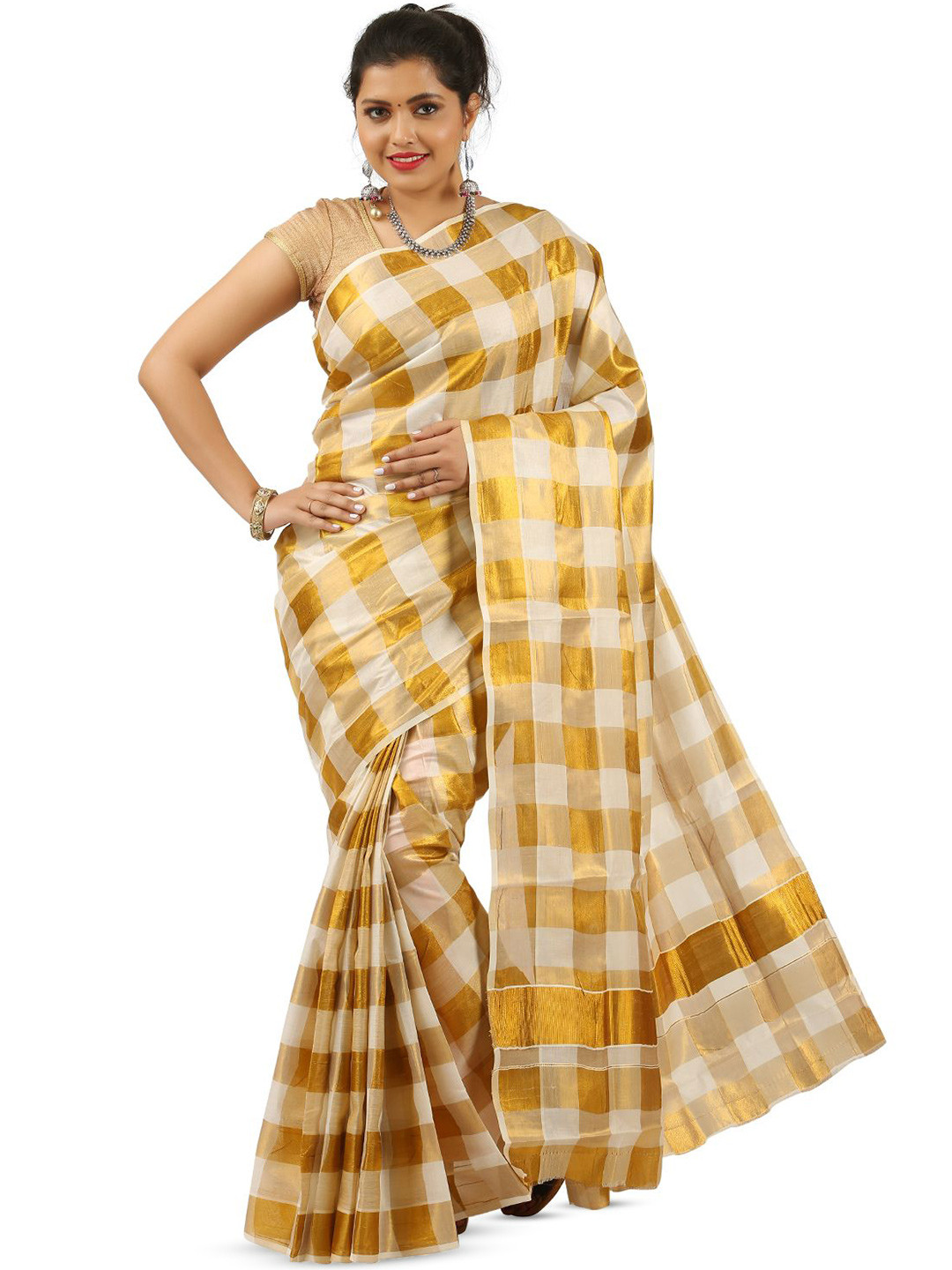 Rst R Selvamani Tex Checked Woven Design Zari Pure Cotton Ready to Wear Kasavu Saree