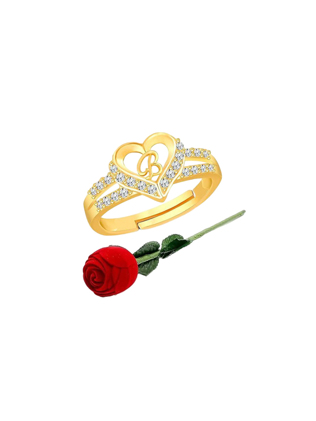 Lila Gold-Plated Stone-Studded Heart Shape Alphabet 'B Adjustable Finger Ring