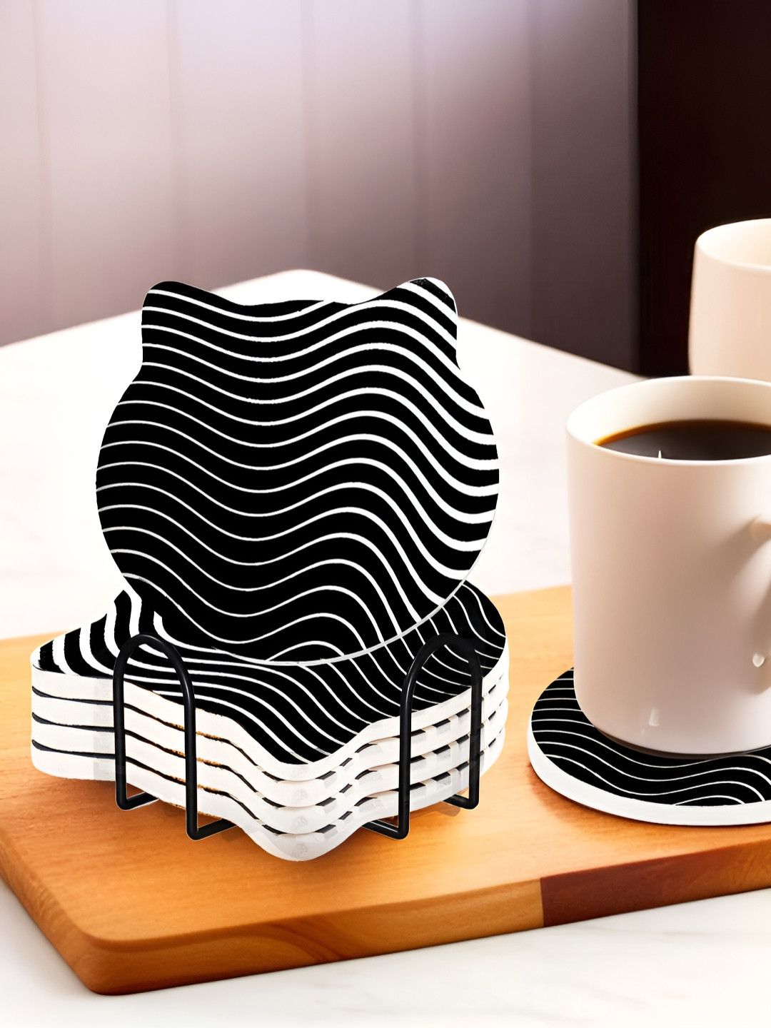 The Better Home 6 Pcs Black & White Round Coasters With Holder