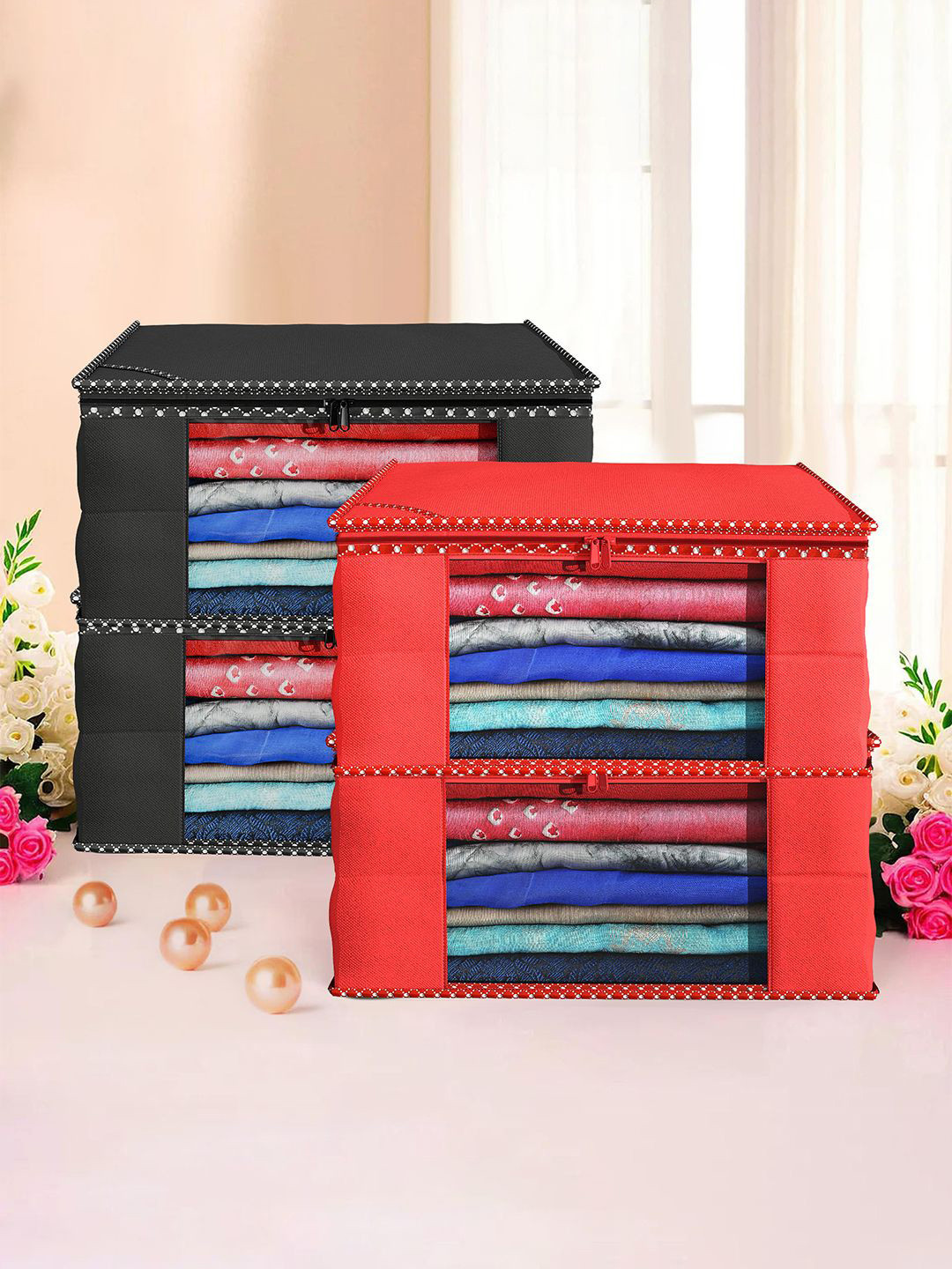 Kuber Industries Black & Red 4 Pieces Printed Foldable Multi Utility Organisers
