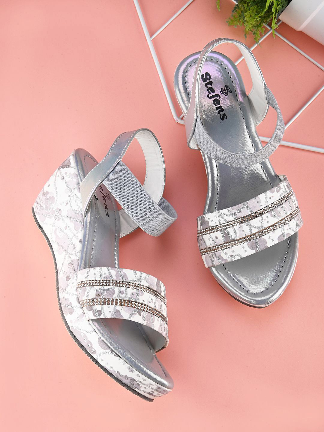 STEFENS Girls Printed Open Toe Wedge Heel Sandals With Western - Embellished