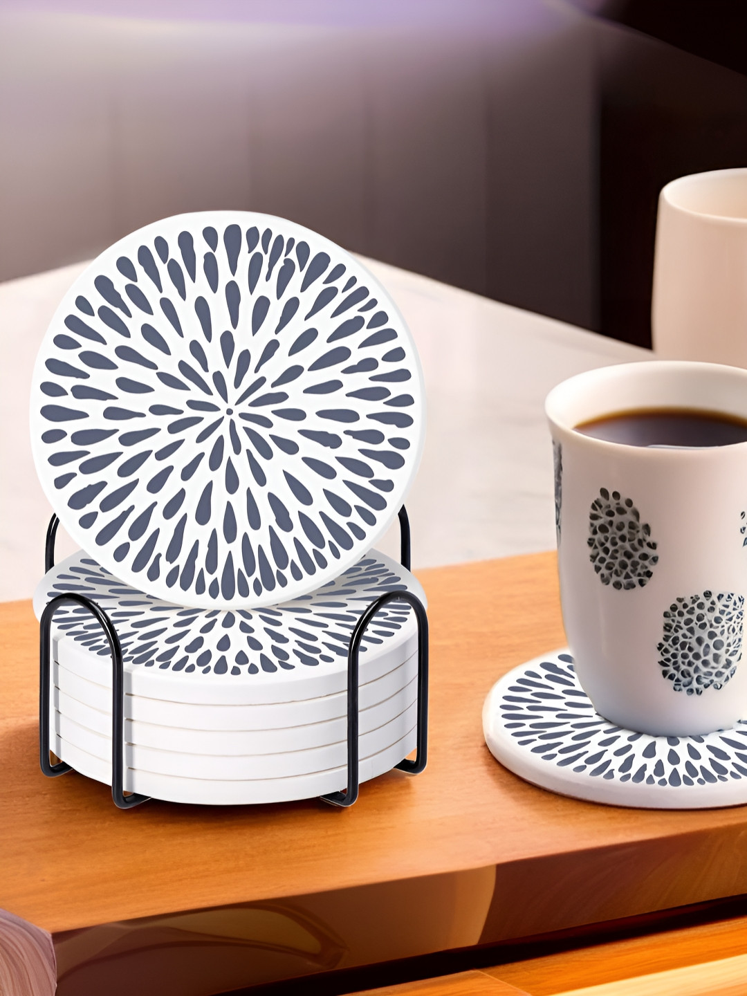 The Better Home 6-Pcs White & Black Printed Diatomite Coasters With Holder