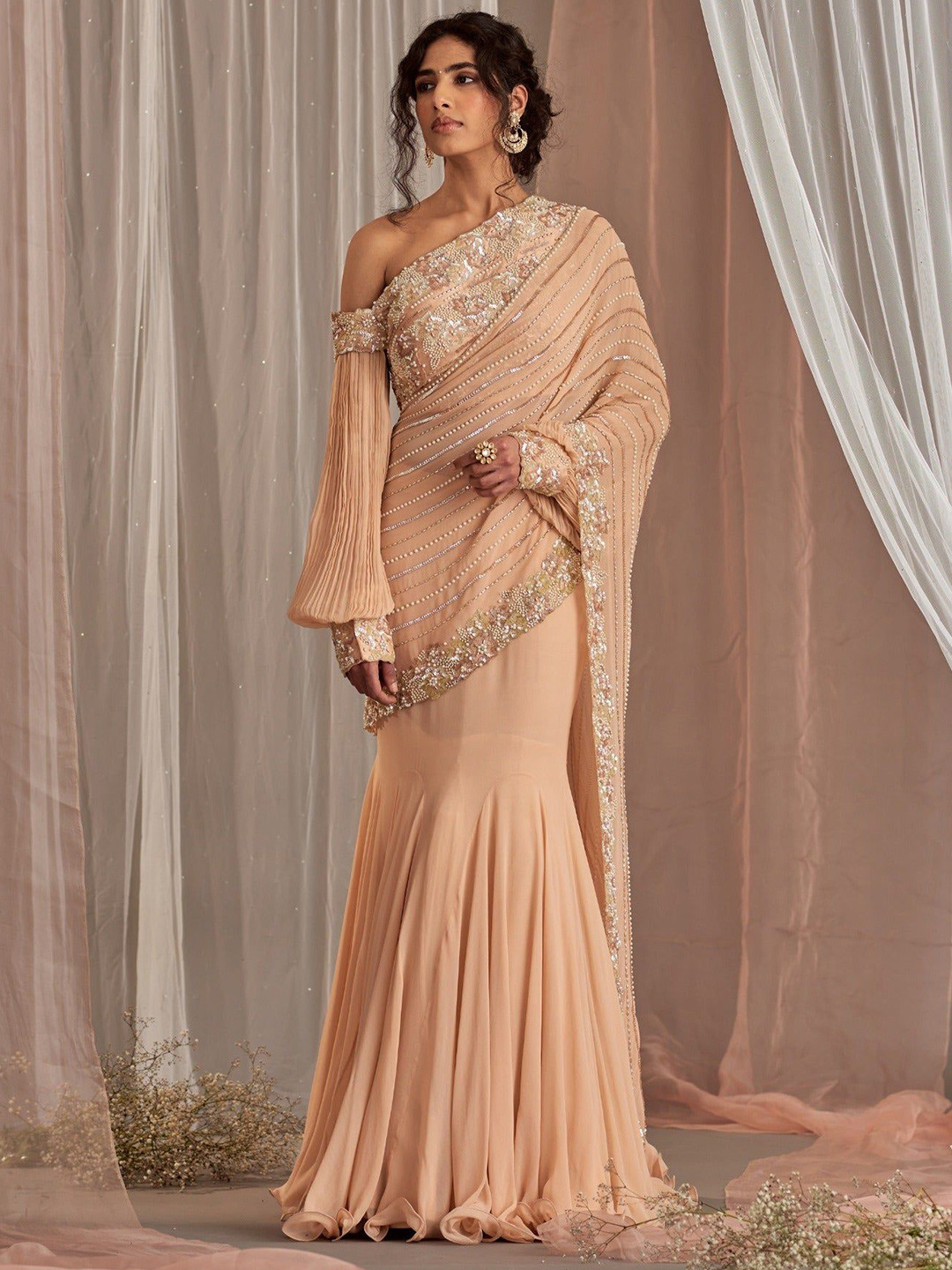 NIDHIKA SHEKHAR Embellished Sequinned Pure Georgette Chanderi Saree
