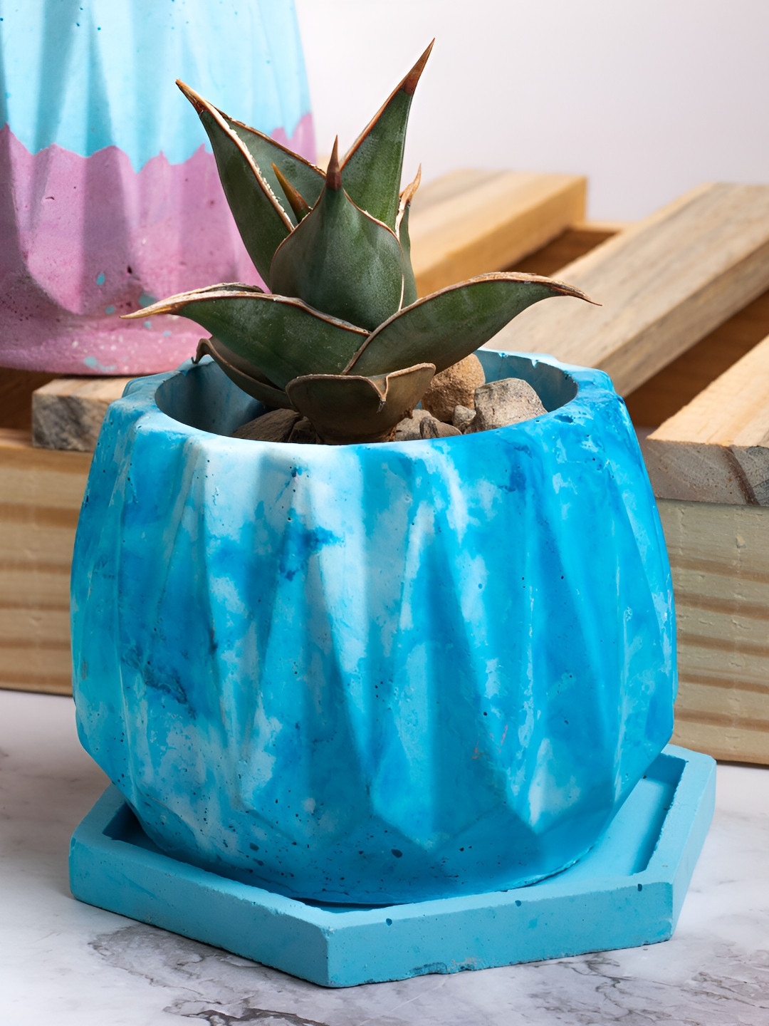Greyt Blue and White Geometric Textured Cement Planter