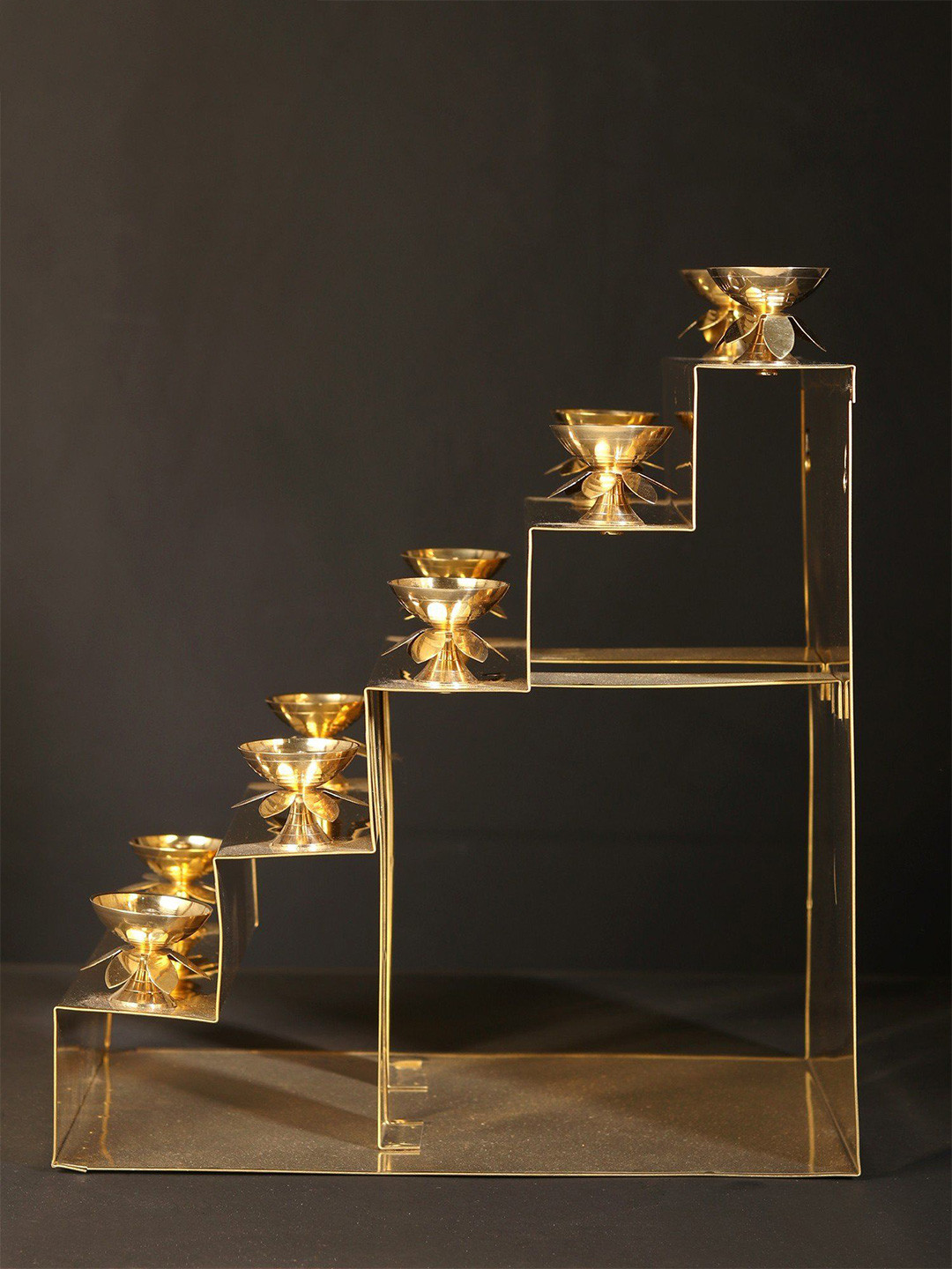 Exotic India Lotus Diya on Multi Steps Brass Matte Pooja Room Spiritual Wall Decor-14.2In