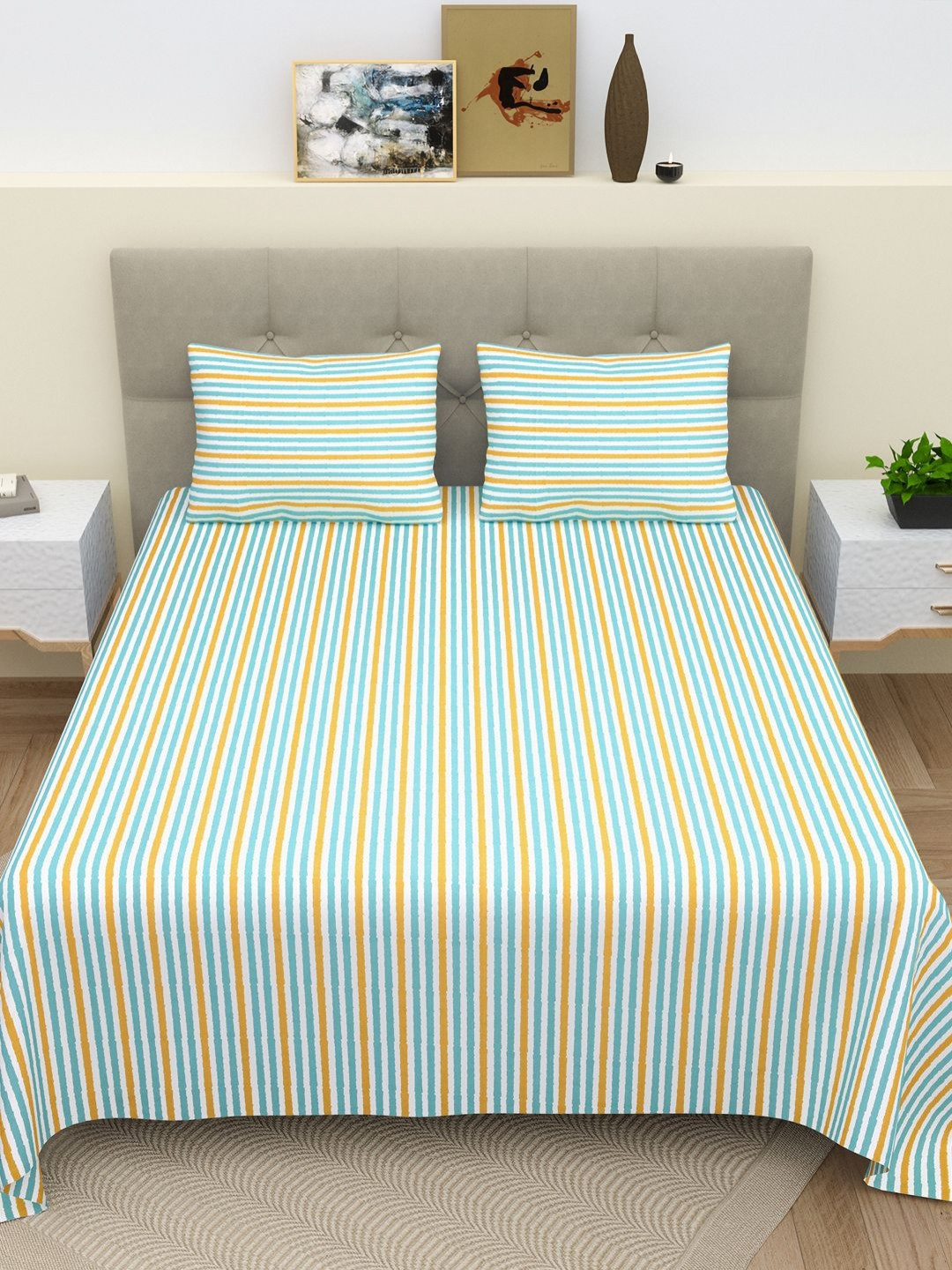 BELLA CASA Myntra Elegant Homes Collection Green Striped Pure Cotton Skin-Friendly 220 TC King Fine Bedsheet with 2 Pillow Covers-100 x 108 inches
