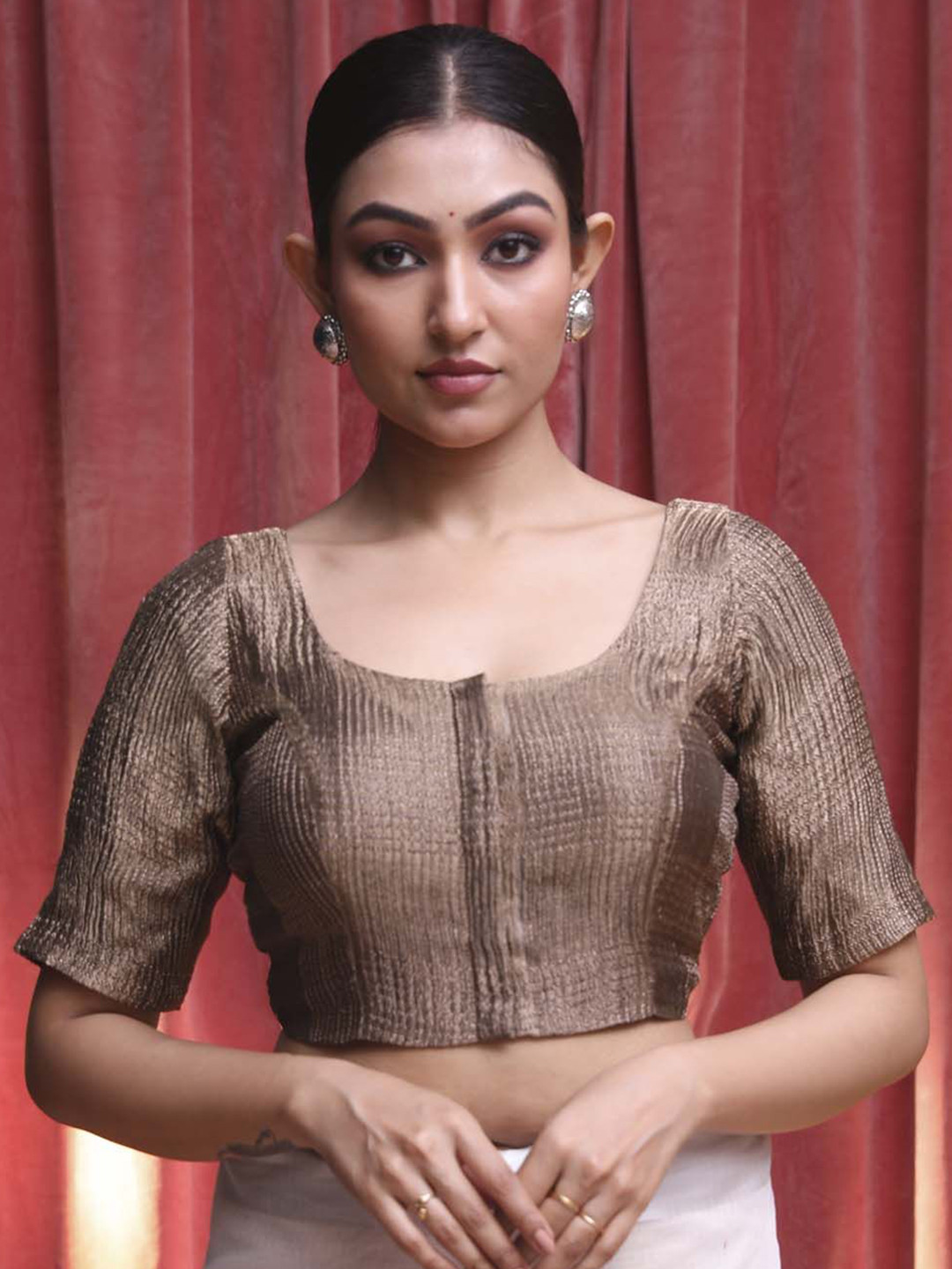 Indethnic Woven Design U Neck Short Sleeves Silk Saree Blouse