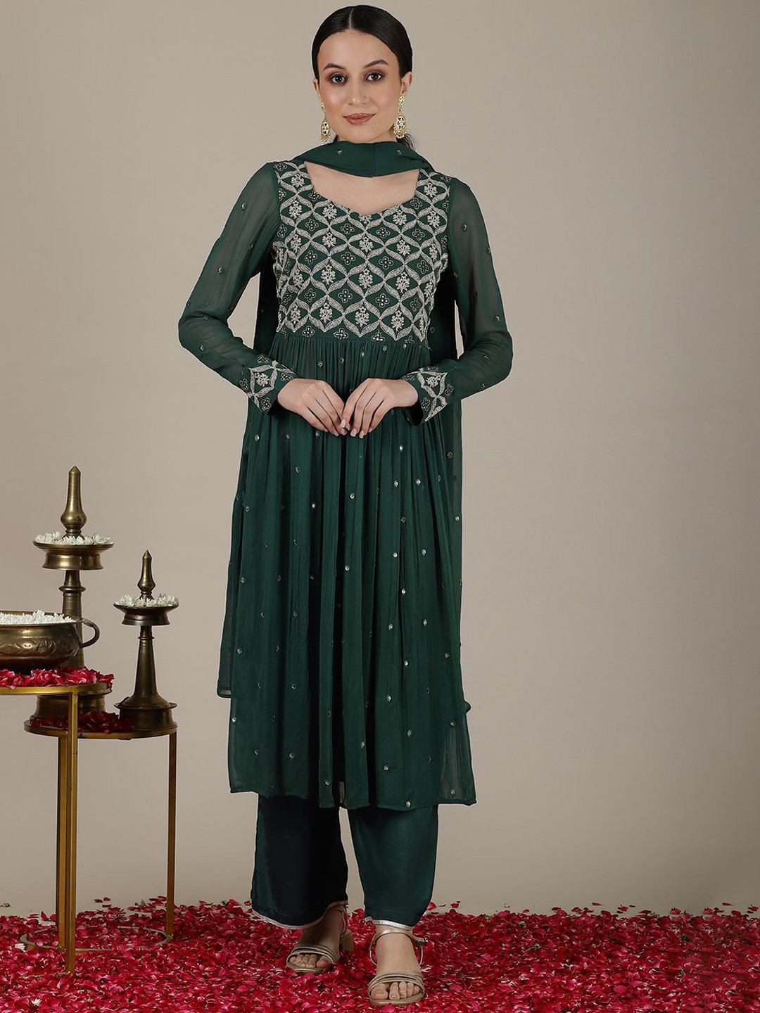 AURELIA Forest Green Dori Embroidered Naira Cut Kurta with Palazzo & Stole Set
