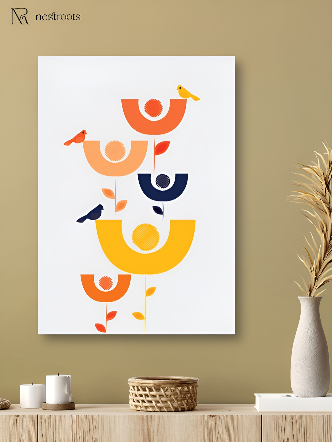 nestroots White & Yellow Colorful Birds Abstract Canvas Wall Painting