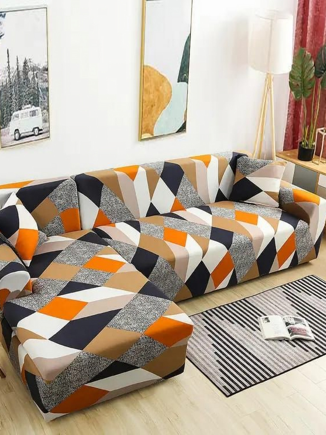 TONY STARK Multicoloured Polyester 2 Piece Sofa Cover With Arms