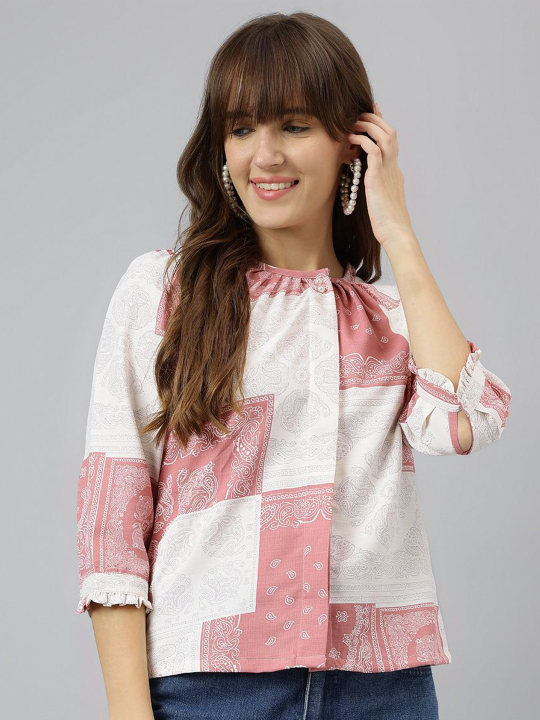 Latin Quarters Floral Print Mandarin Collar Puff Sleeve Top
