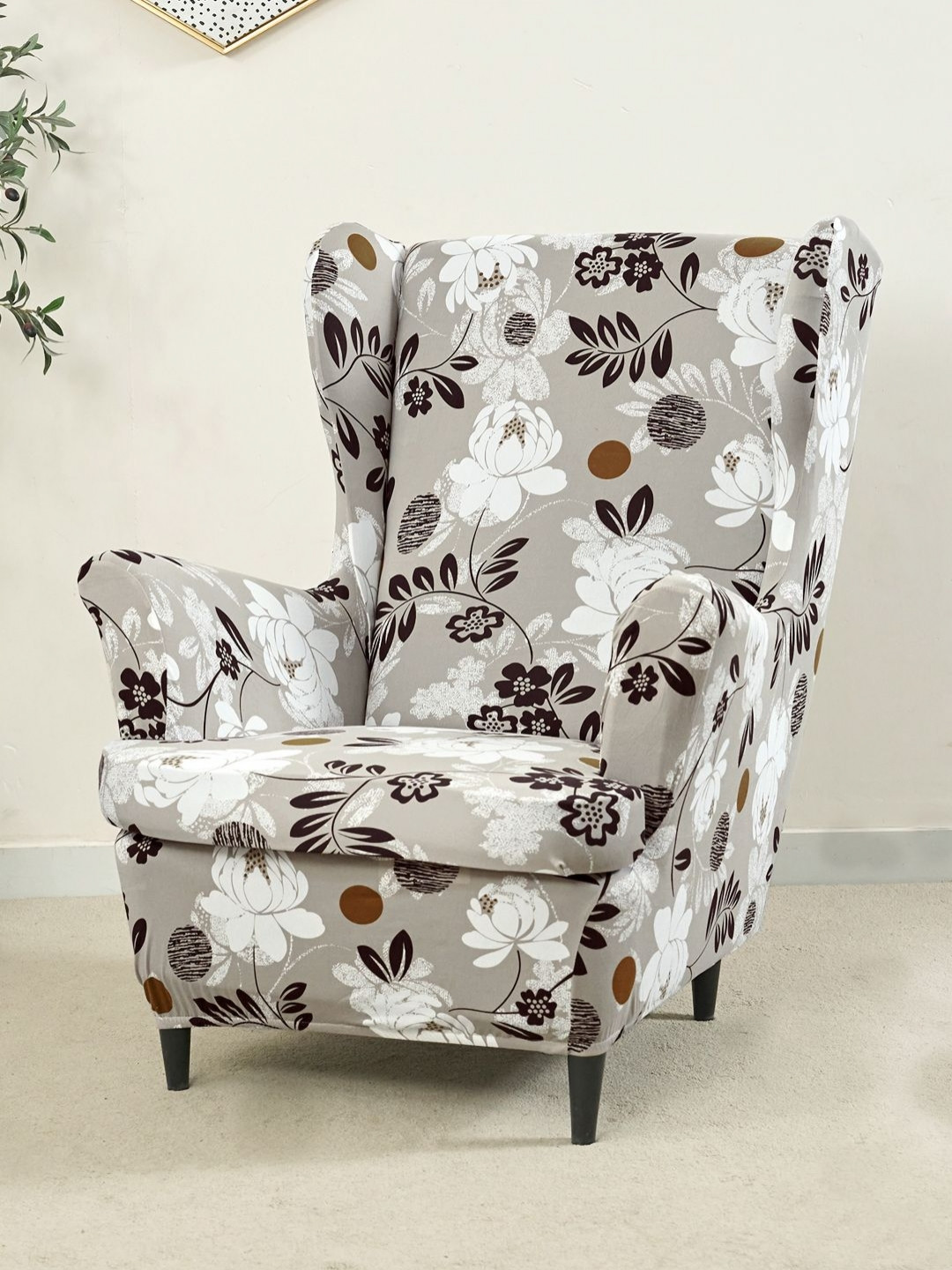 HOKIPO Brown Printed Wing Chair Cover