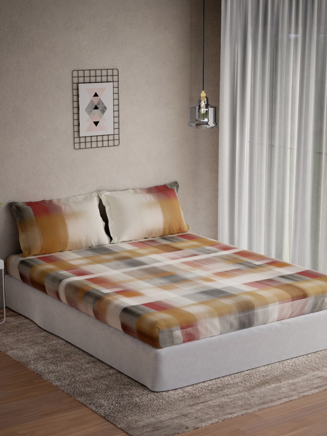 DDecor Live Beautiful Red Geometric Cotton 144 TC Queen Bedsheet with 2 Pillow Covers-120 x 120 inches