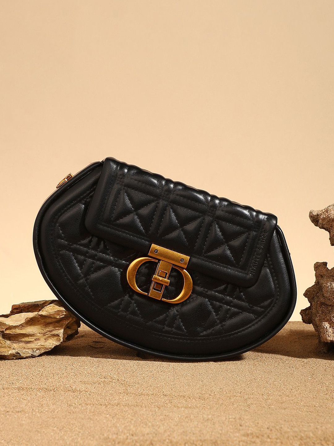 HAUTE SAUCE Black Leather Structured Sling Bag with Quilted Handbag