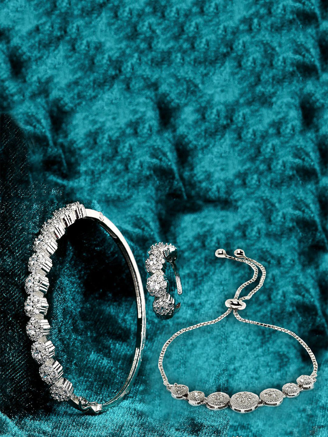 ZENEME Set Of 3 Rhodium-Plated American Diamond Wraparound & cuff Bracelet And Ring