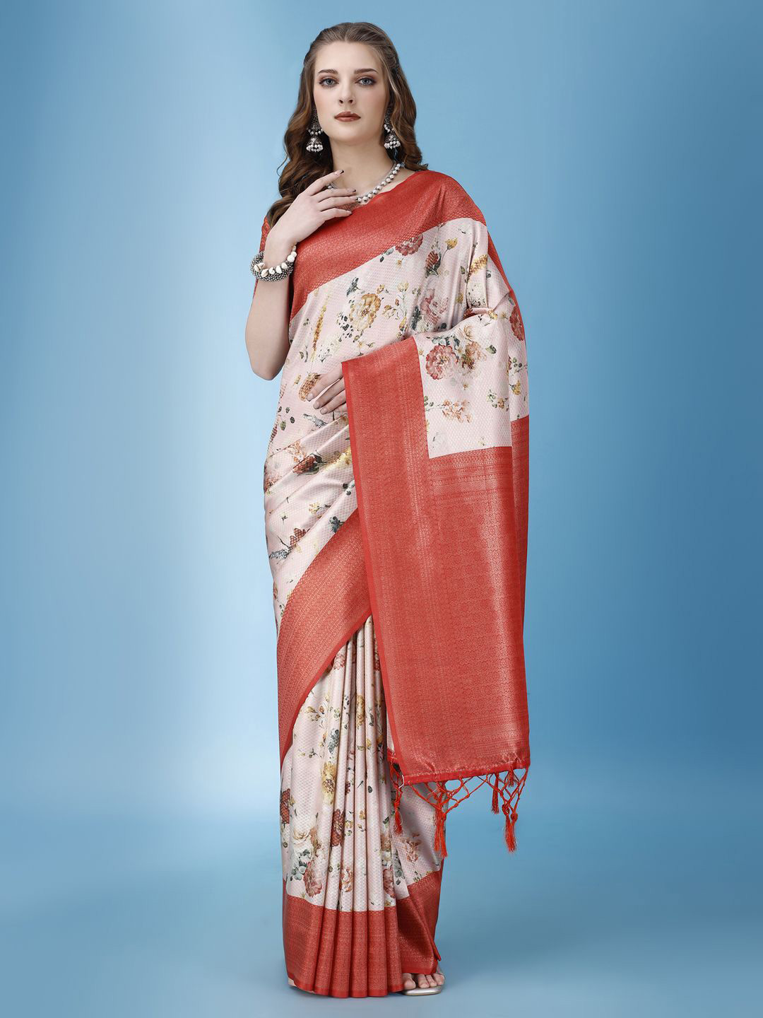Nigel Designer Floral Printed Zari Saree With Blouse Piece