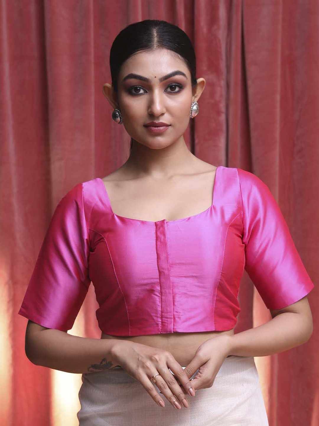 Indethnic Square Neck Tafeta Short Sleeves Saree Blouse