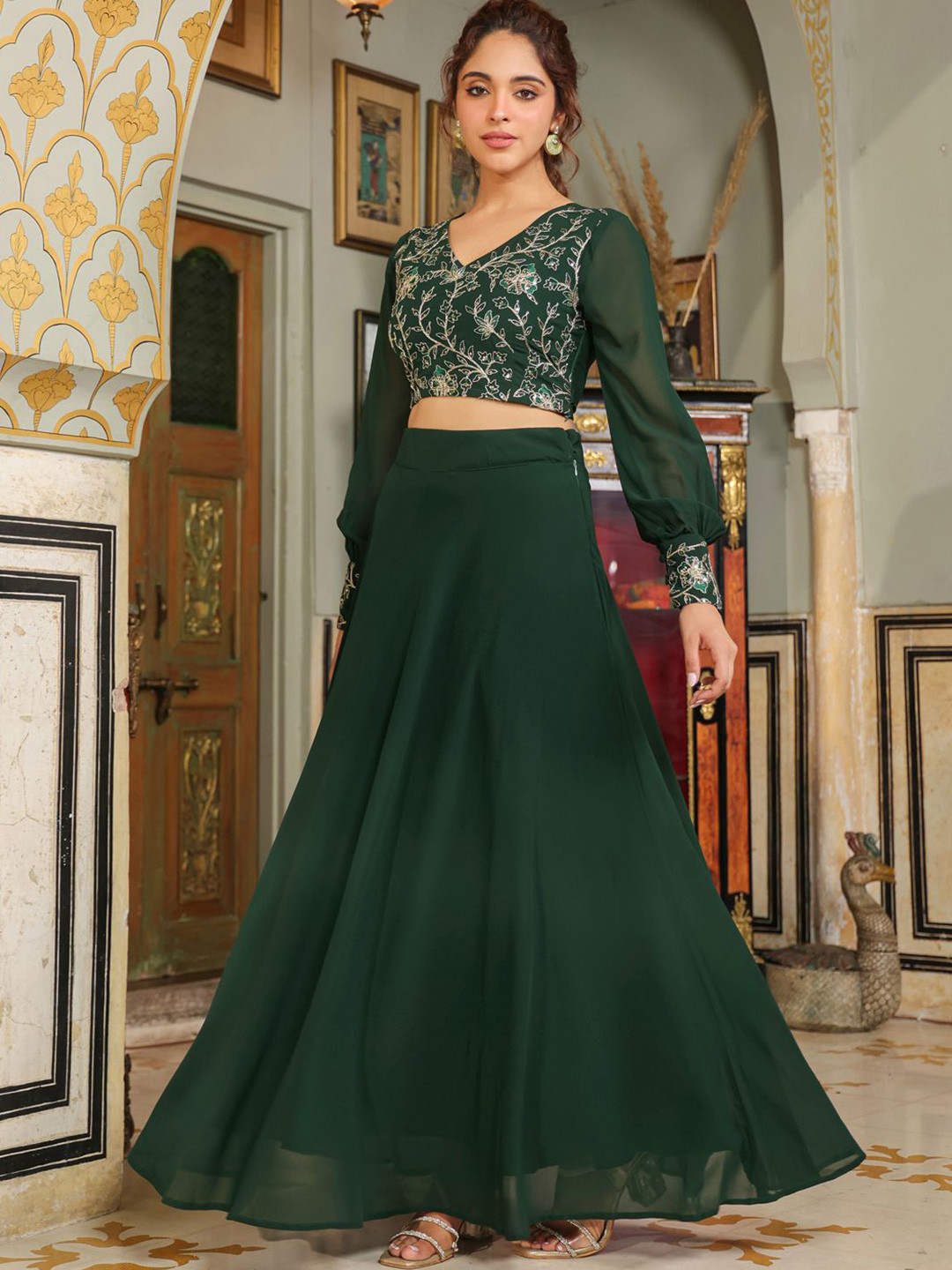 Janasya Georgette Zari Embroidered Crop Top With Skirt Set