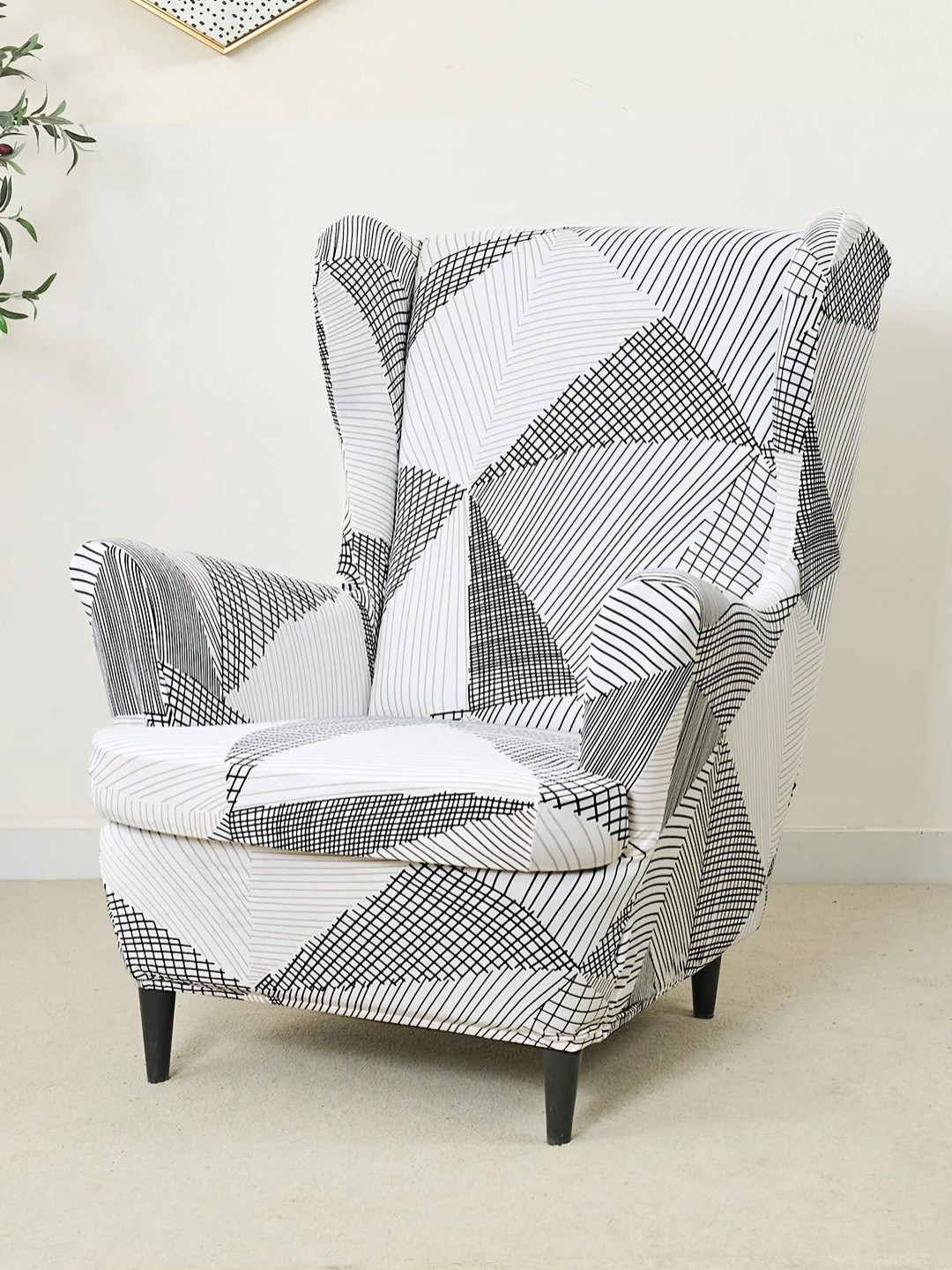 HOKIPO White Printed Wing Chair Cover