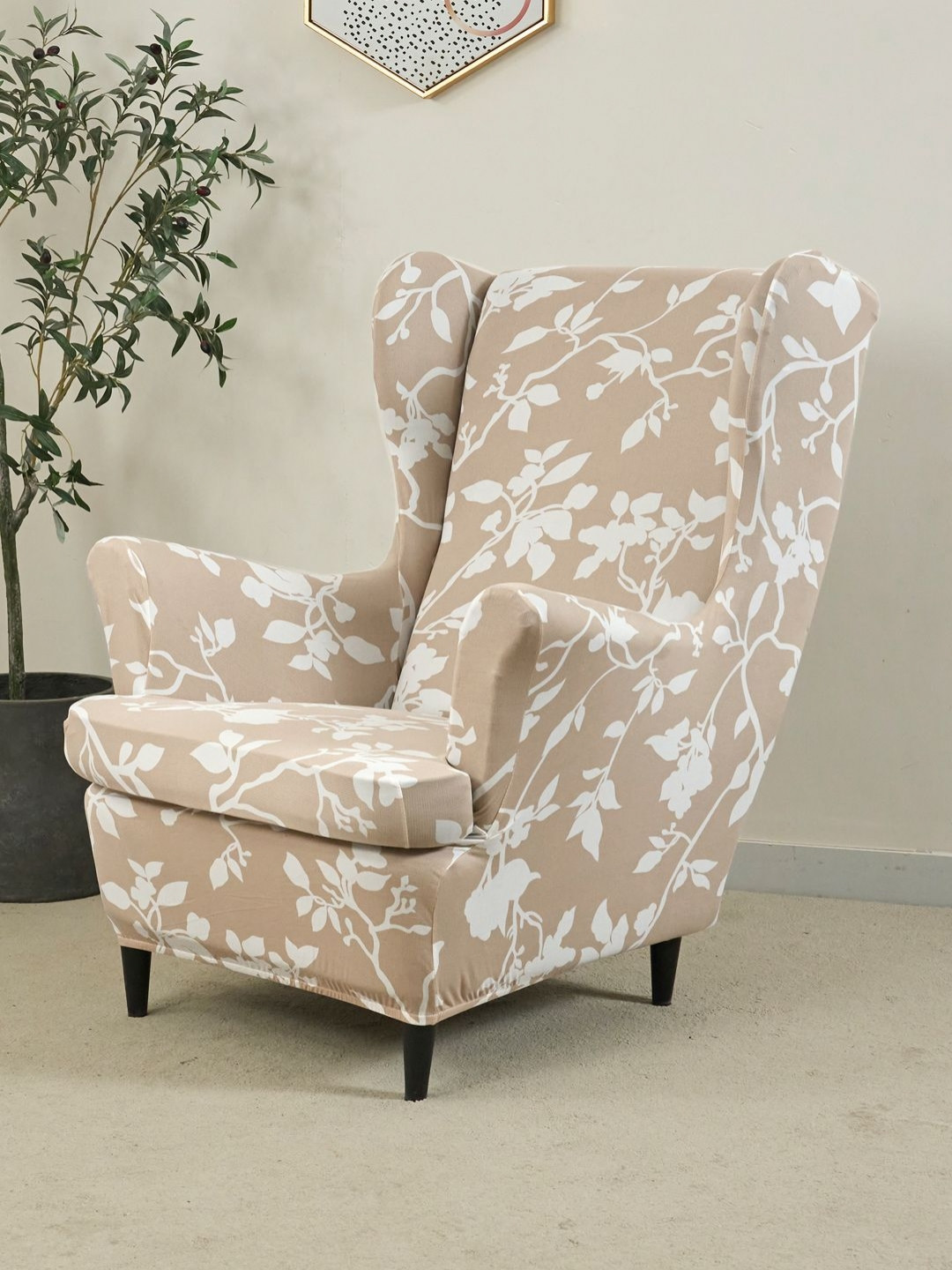 HOKIPO Brown Printed Wing Chair Cover